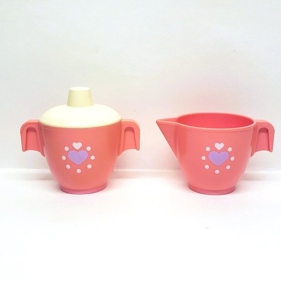 Vintage 1982 Fisher Price Fun With Food Pink Cream & Sugar Lid Heart Set Lot x3 - Picture 1 of 11